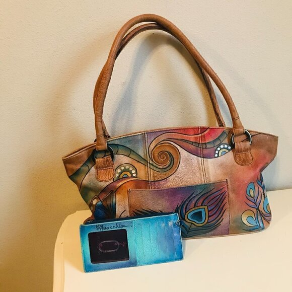 Anna by Anuschka Painted Art Handbag Tote Satchel with Wallet - Picture 4 of 10